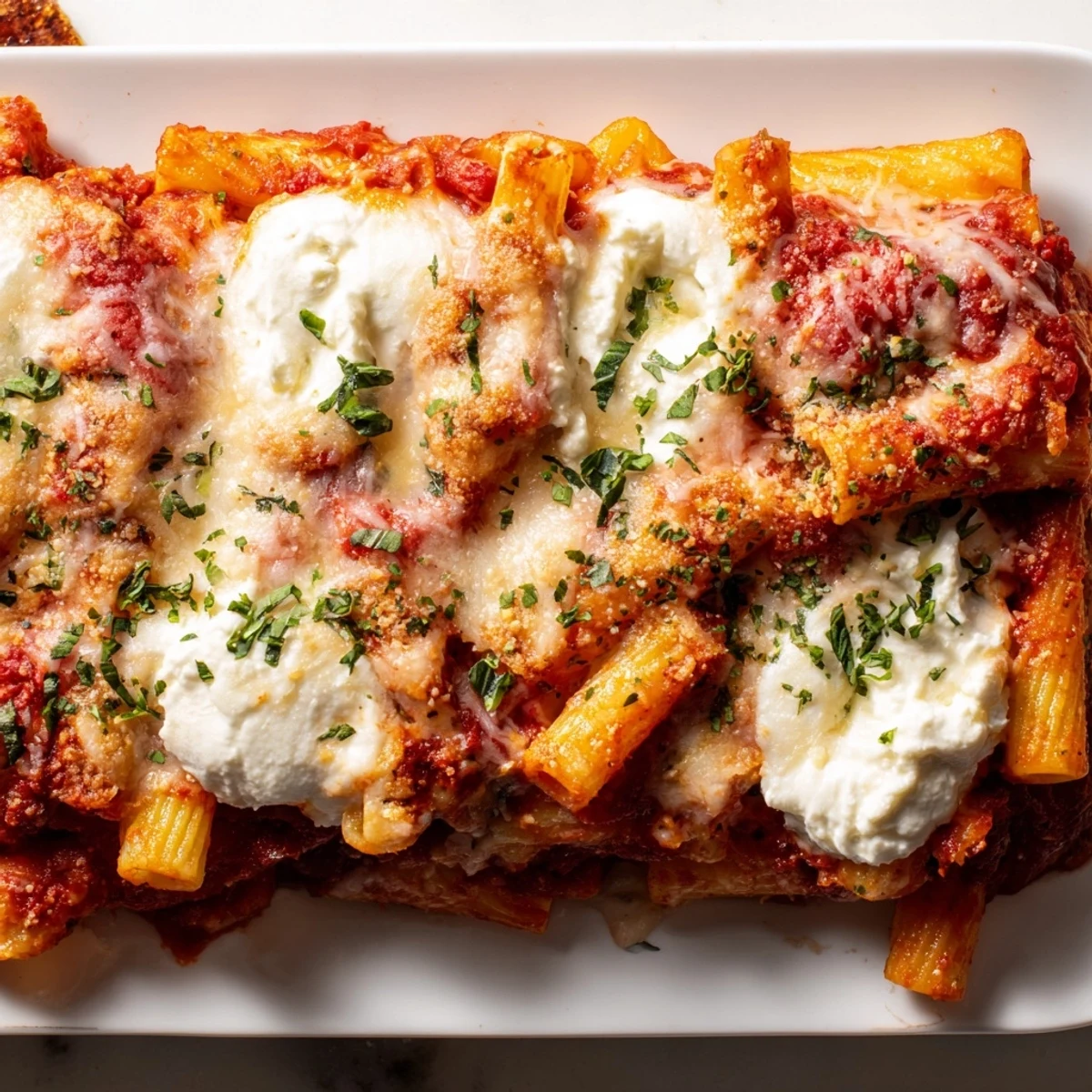 Golden, bubbly One-Dish Baked Ziti with melted mozzarella and rich tomato sauce, ready to serve.