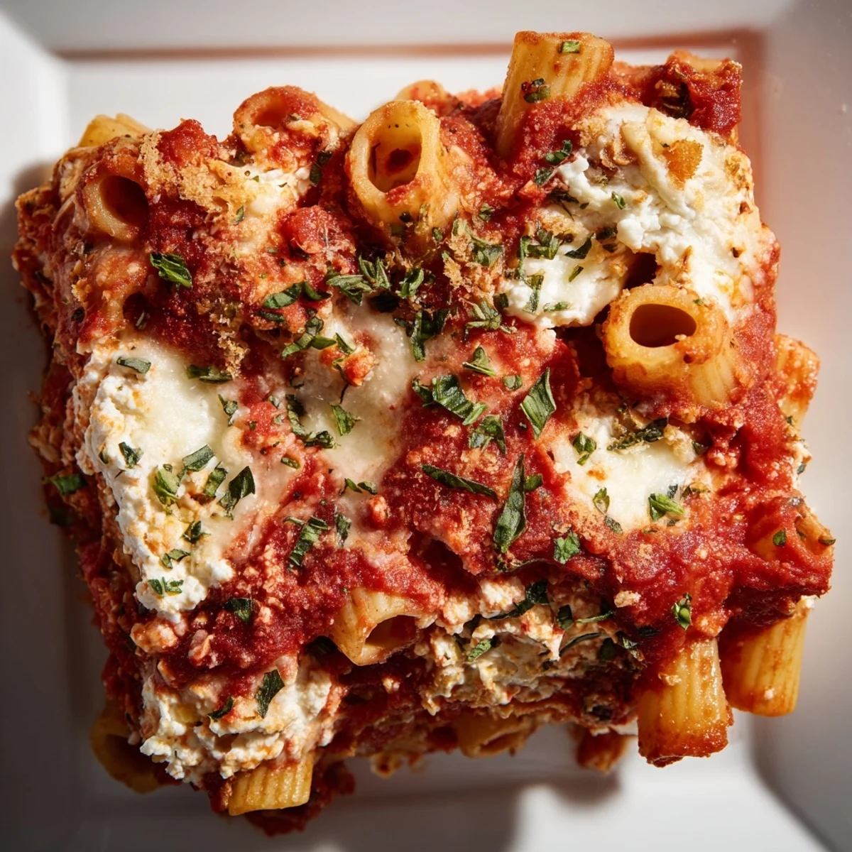 A close-up shot of steaming One-Dish Baked Ziti, a comforting Italian-American classic, delicious and cheesy.