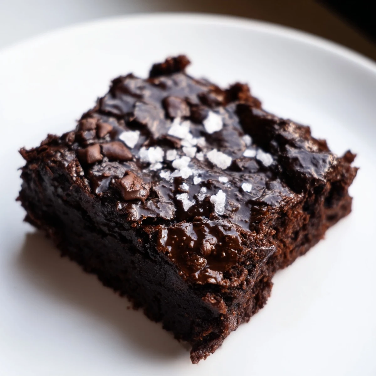 Homemade Dark Chocolate and Sea Salt Brownies, rich and fudgy, topped with flaky sea salt, beautifully presented.