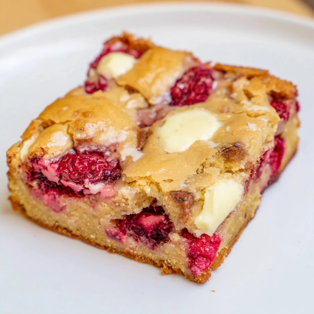Chewy, golden Decadent White Chocolate and Raspberry Blondies with melted chocolate and juicy berries.