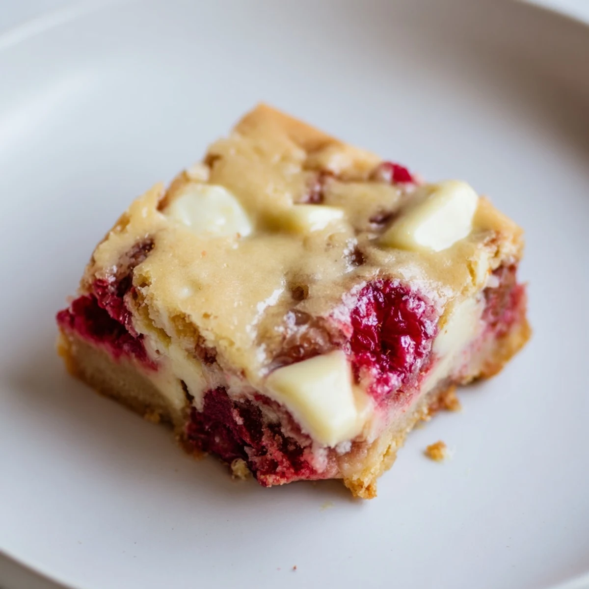 Homemade Decadent White Chocolate and Raspberry Blondies, perfect dessert with a crispy, golden top.