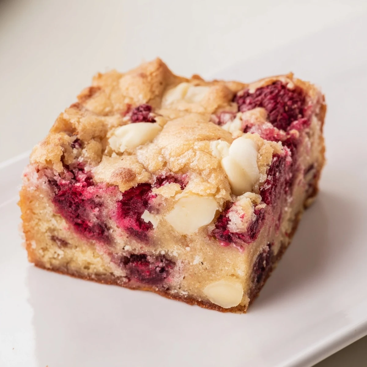 Freshly baked blondies featuring white chocolate and raspberries make these decadent treats irresistible.