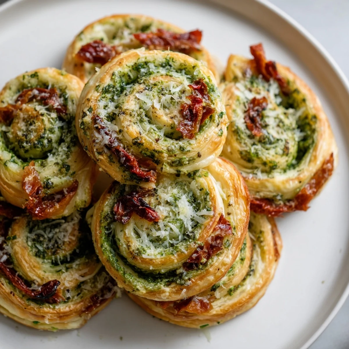Golden, flaky Savory Sun-Dried Tomato and Pesto Palmiers, perfect for a sophisticated appetizer.