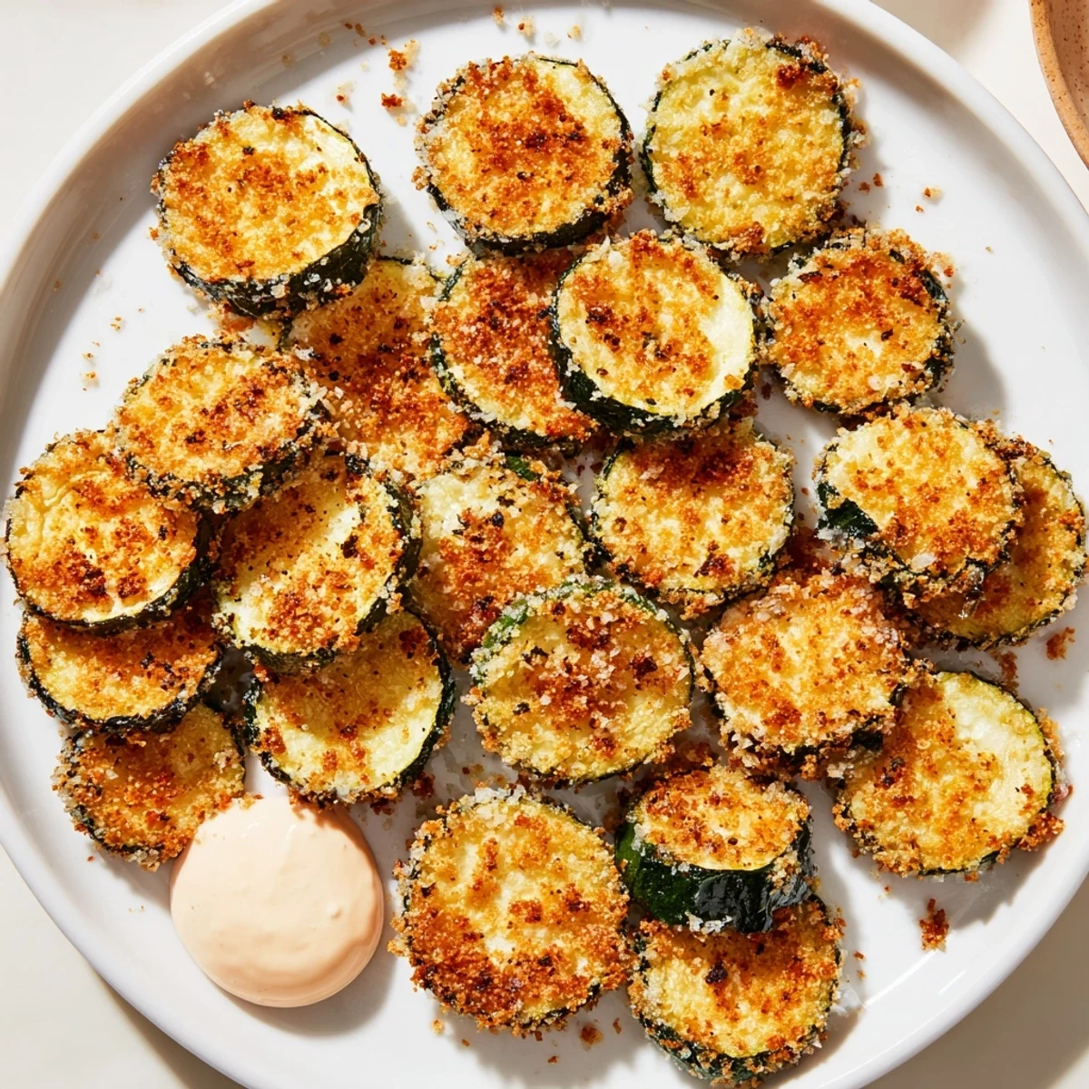 Golden-brown crispy baked zucchini rounds, a delightful appetizer with creamy, spicy mayo for dipping.