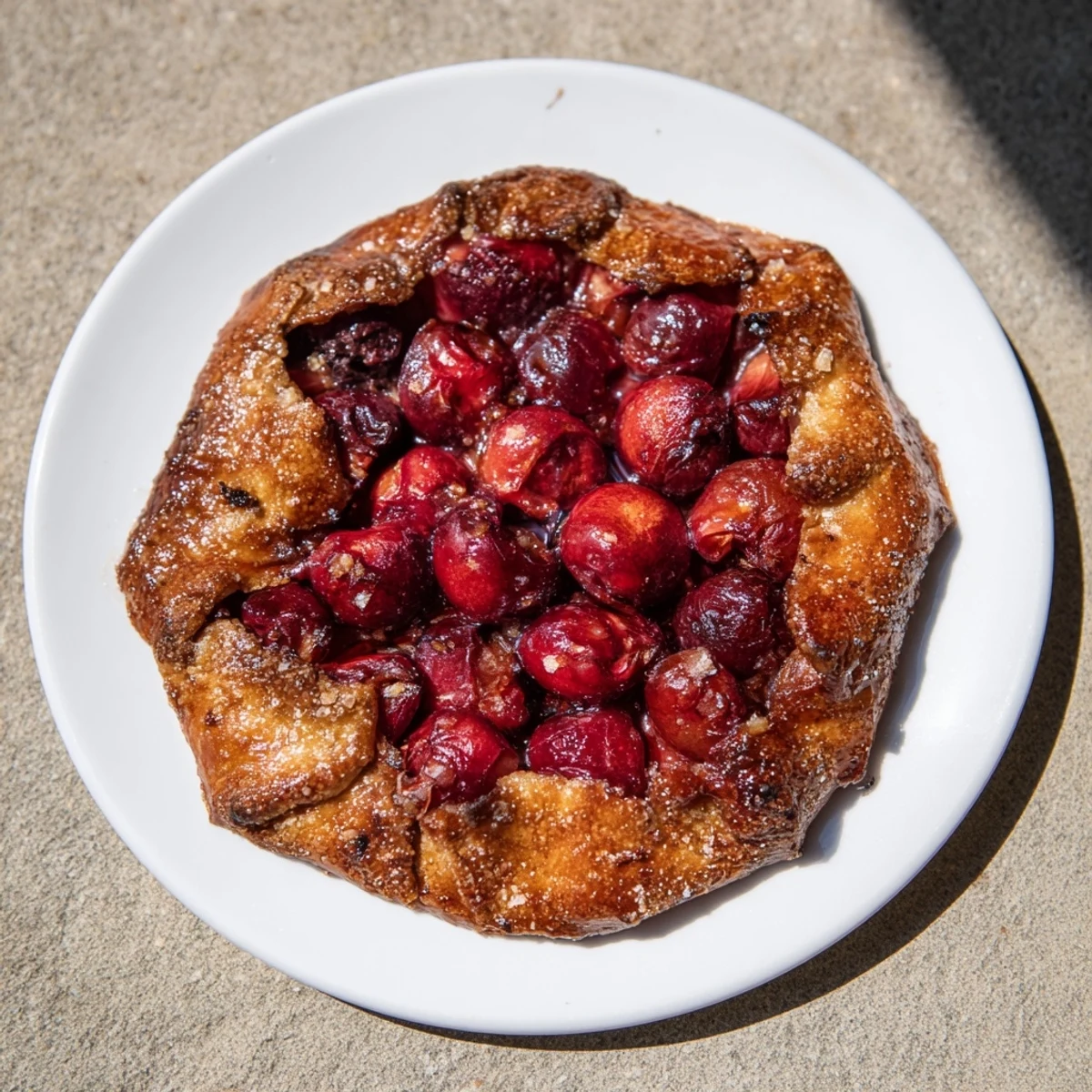 Golden-brown Rustic Cherry and Vanilla Almond Galette, bursting with juicy, glistening cherries and a flaky crust.
