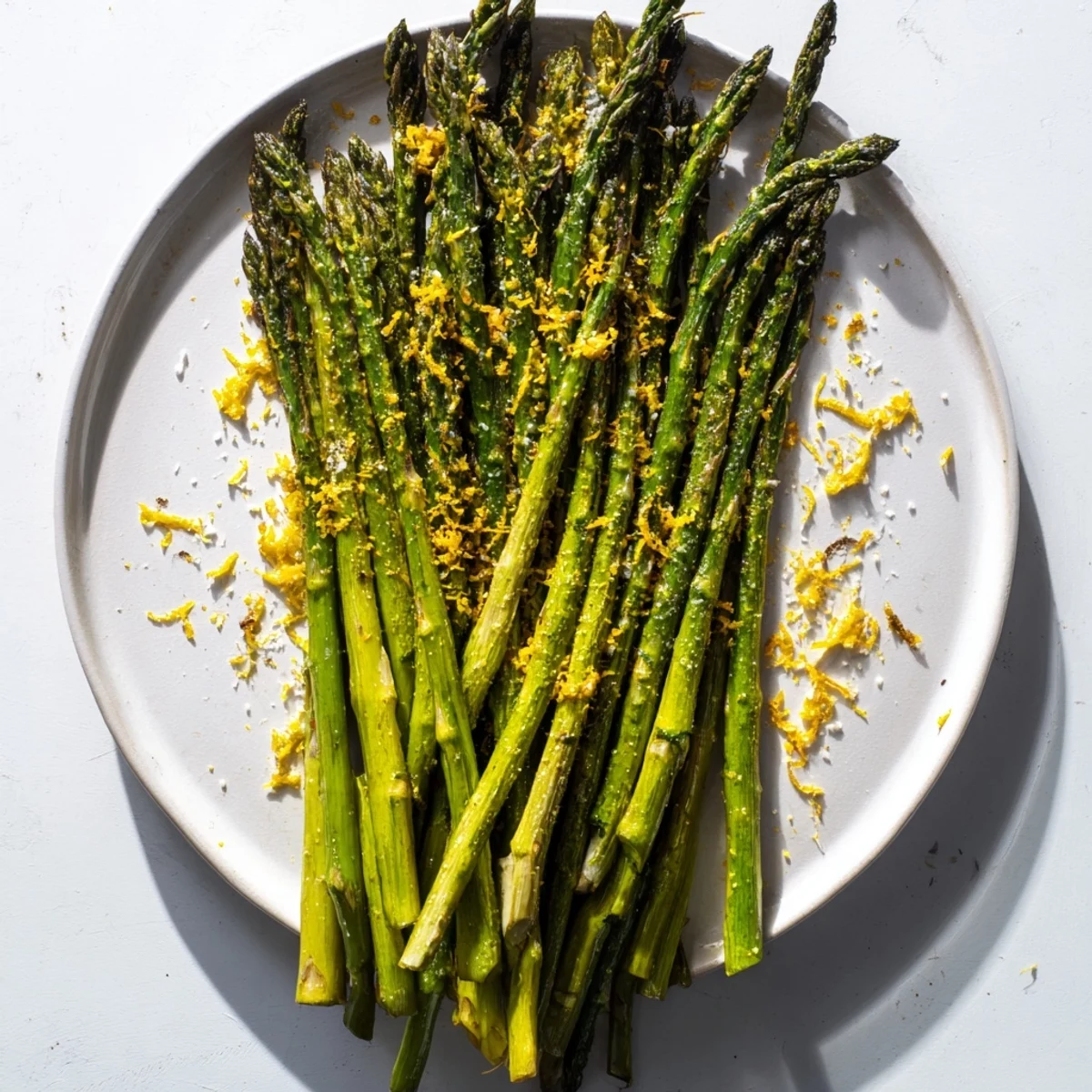 Close-up of crispy roasted asparagus spears, generously sprinkled with Parmesan cheese and lemon.