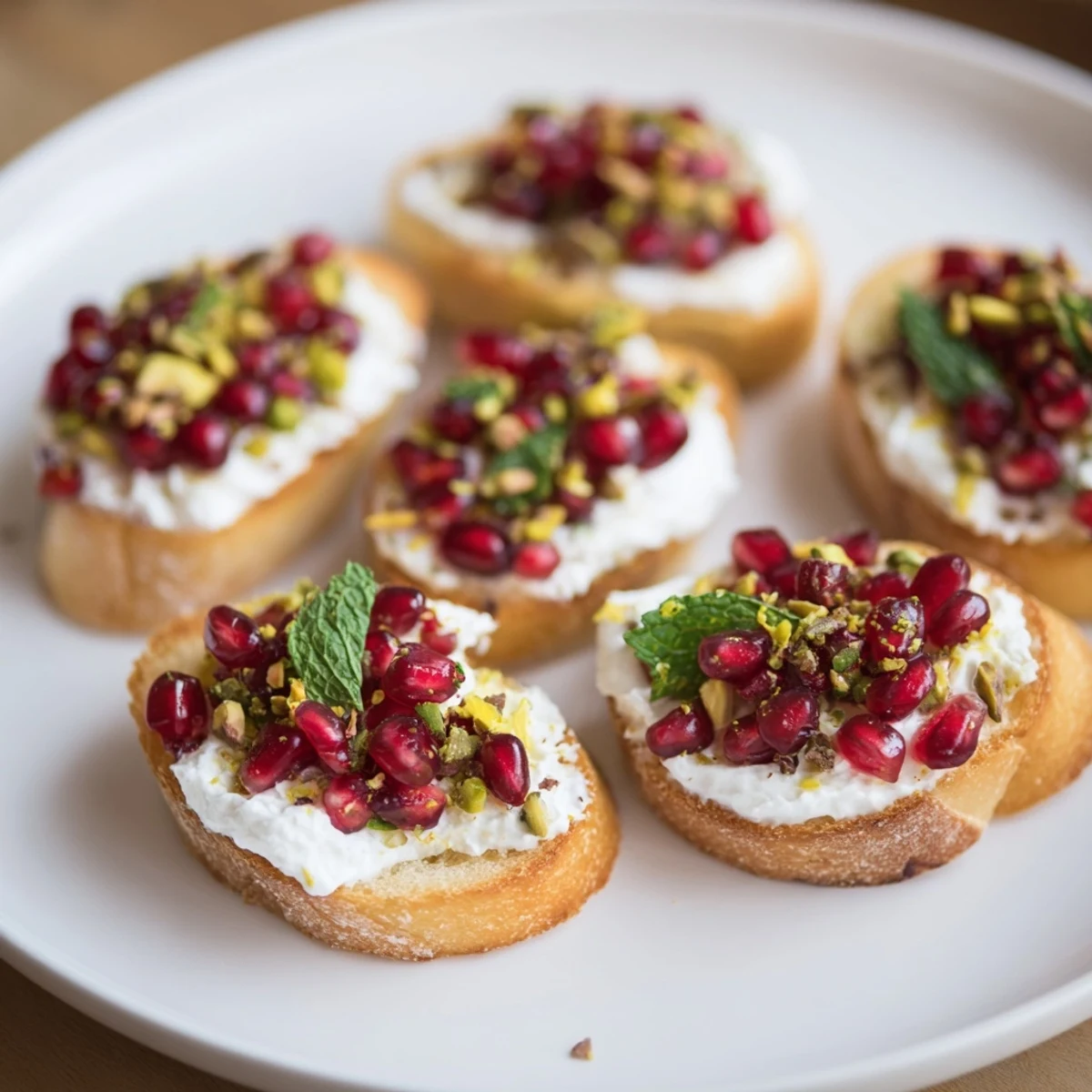 Golden, toasted baguette slices topped with creamy Festive Pomegranate and Goat Cheese Crostini.