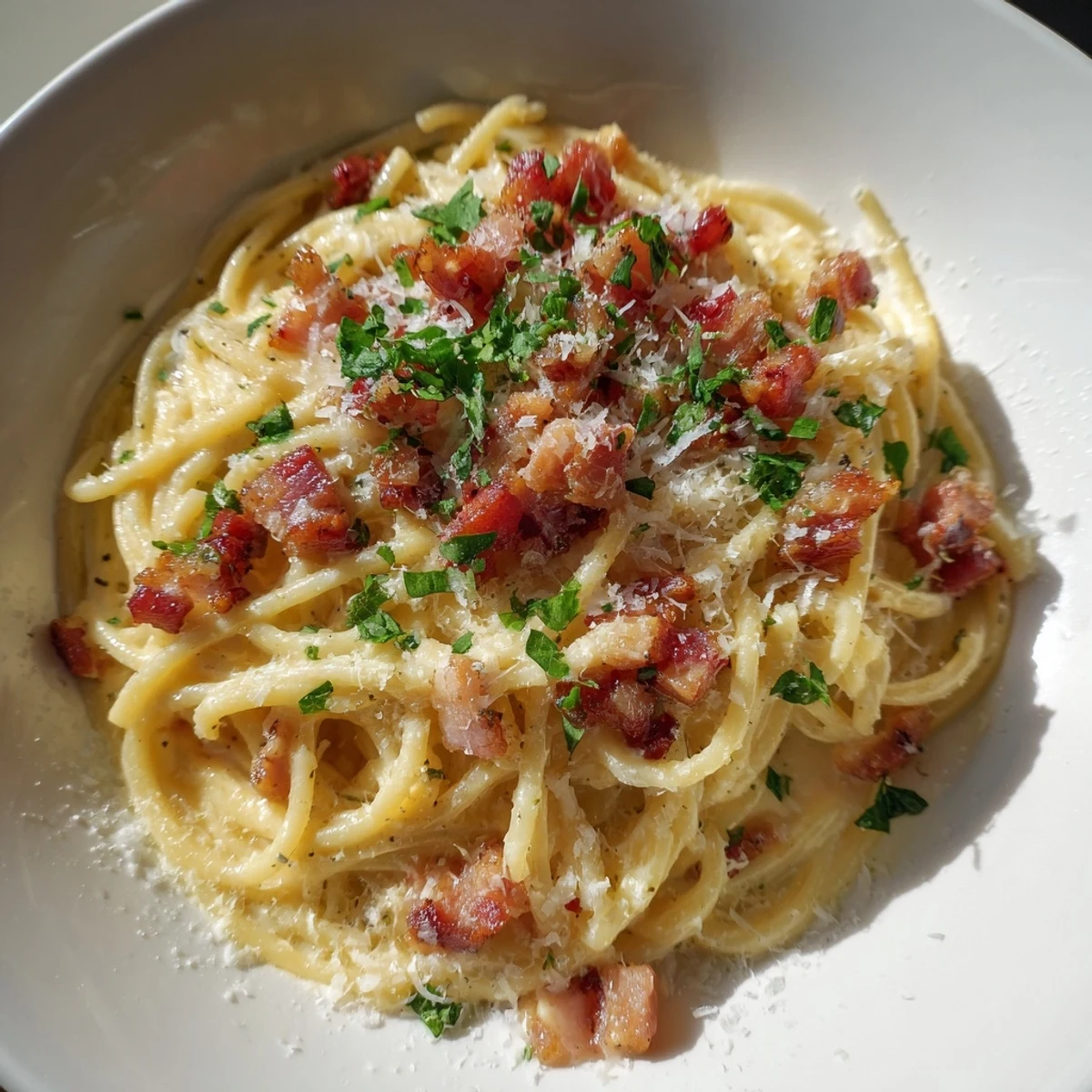 A delectable photo shows creamy carbonara; perfectly cooked pasta with crispy pancetta on top.