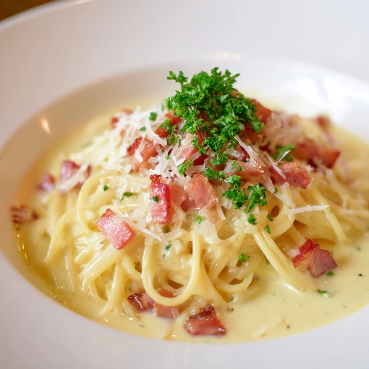 Close-up of luscious creamy carbonara: Enjoy this easy, elegant Italian pasta dish quickly.