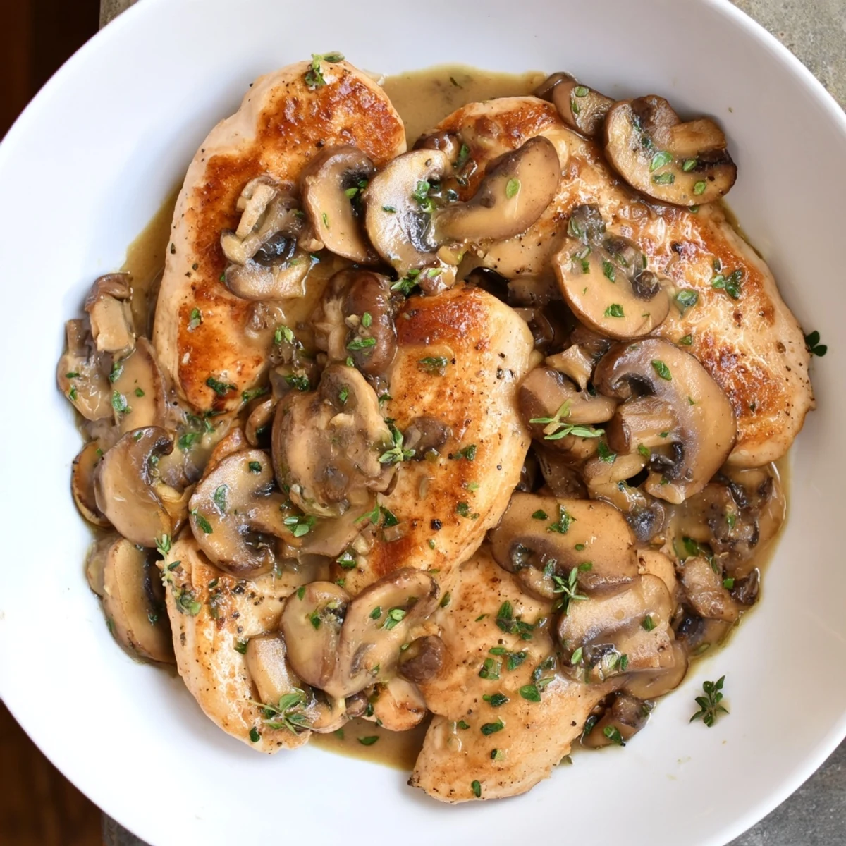 Tender skillet-seared chicken breast smothered in creamy mushroom sauce, plated with fresh parsley.