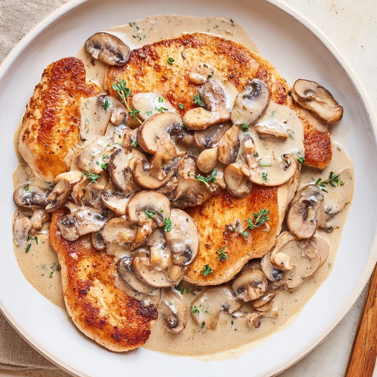 Golden-brown skillet-seared chicken breast, served atop a generous mushroom cream sauce for an elegant dinner.