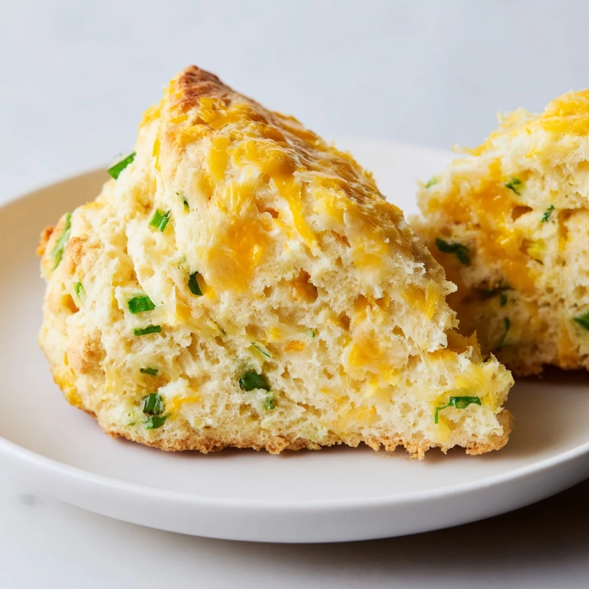 Warm golden cheddar and chive scones, light and fluffy with melted cheese throughout.