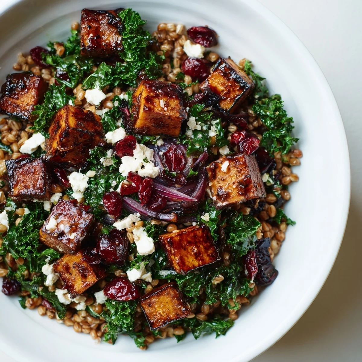 Vibrant Harvest Grain Bowl presentation with glistening pumpkin, fluffy grains, and crumbled feta cheese.
