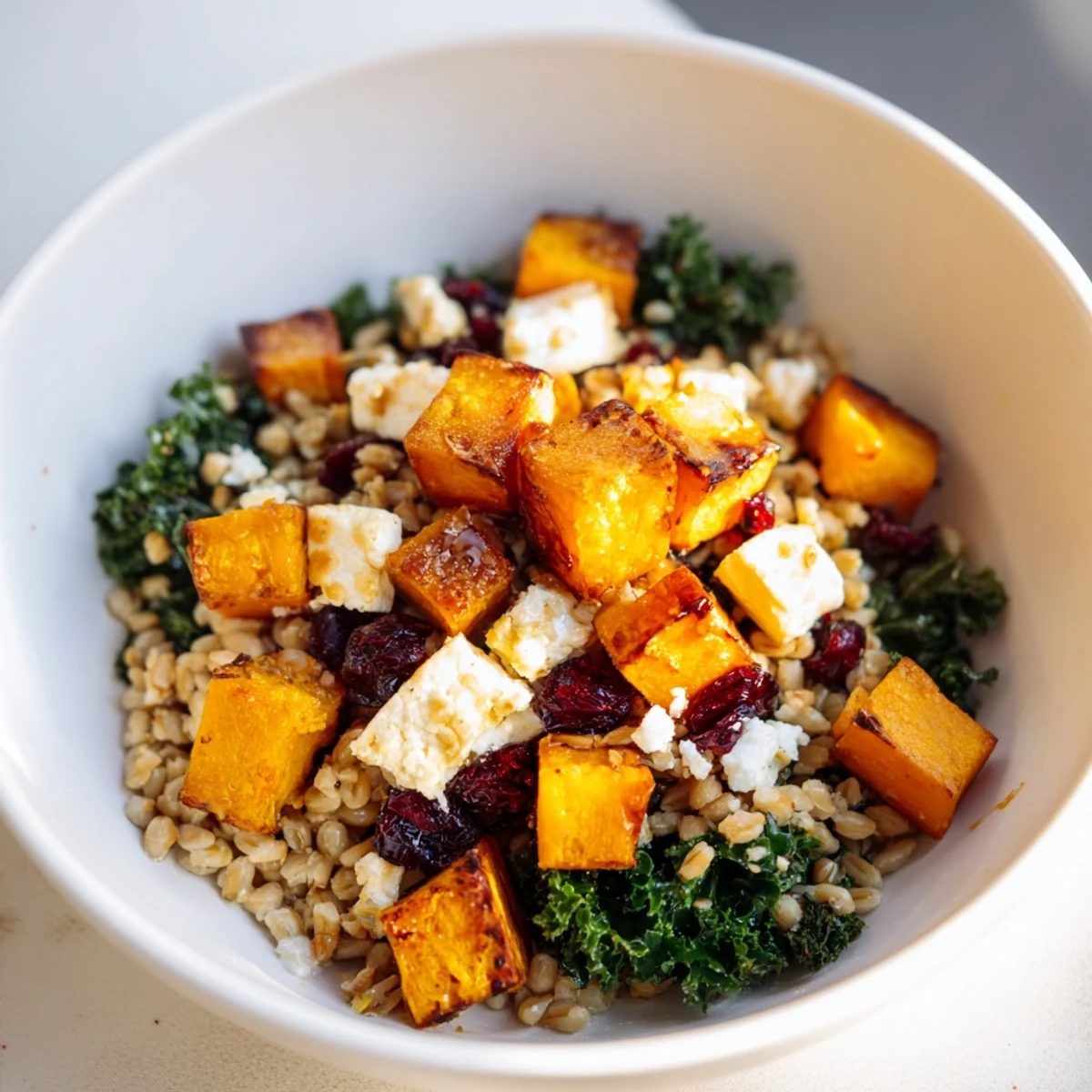 Warm, inviting image: a Harvest Grain Bowl features roasted pumpkin with a medley of grains and greens.