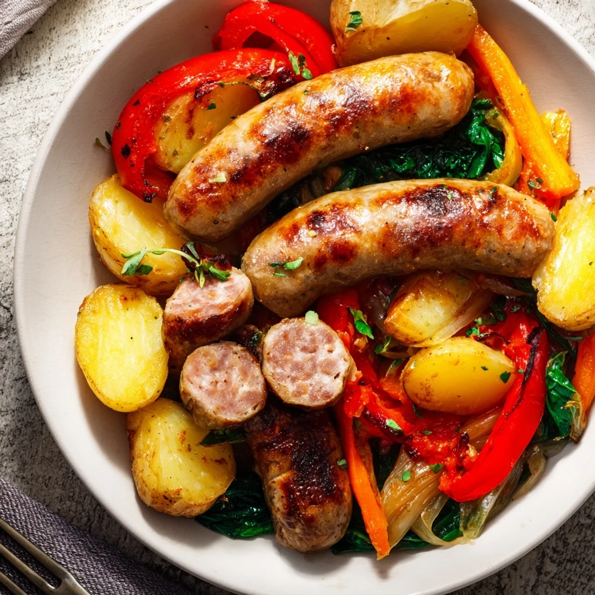 Golden brown All-in-One Pan Sausage and Cabbage Bake, featuring tender vegetables and juicy sausages.
