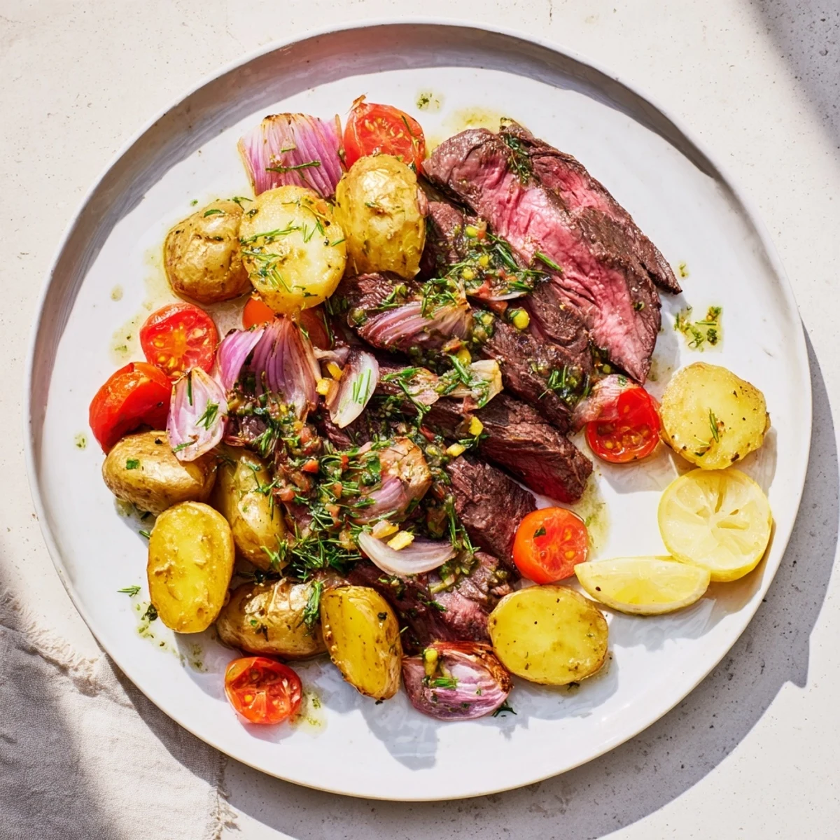 Tender, flaky One-Tray Baked Trout, glistening with herbs and garlic, sits atop roasted vegetables.