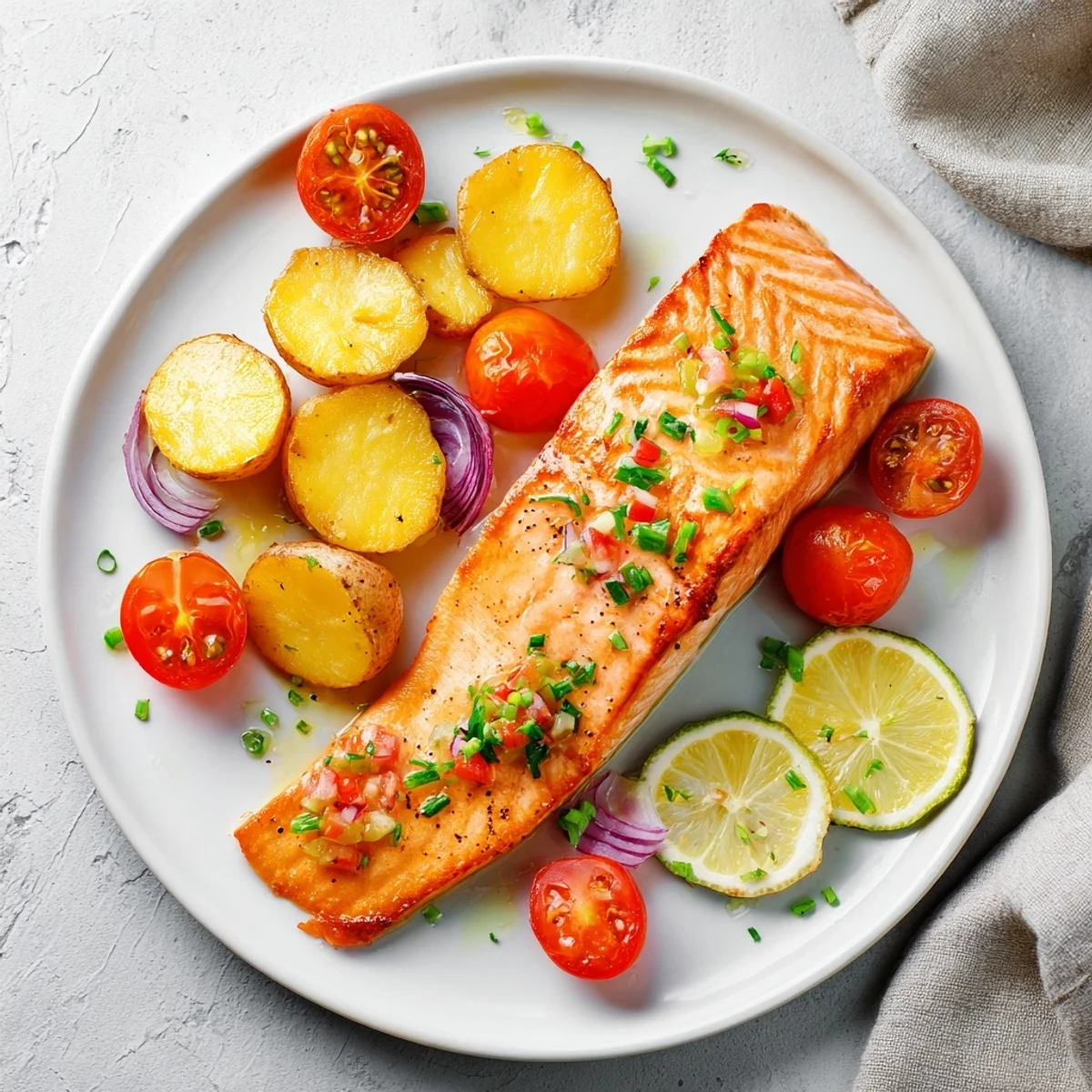 Golden-brown One-Tray Baked Trout with herbs and vibrant veggies, ready for a delicious pescatarian meal.