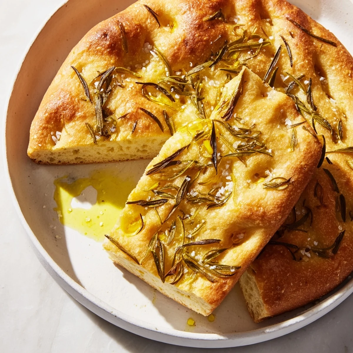 Homemade focaccia bread, golden brown and dimpled, topped with rosemary and flaky sea salt.