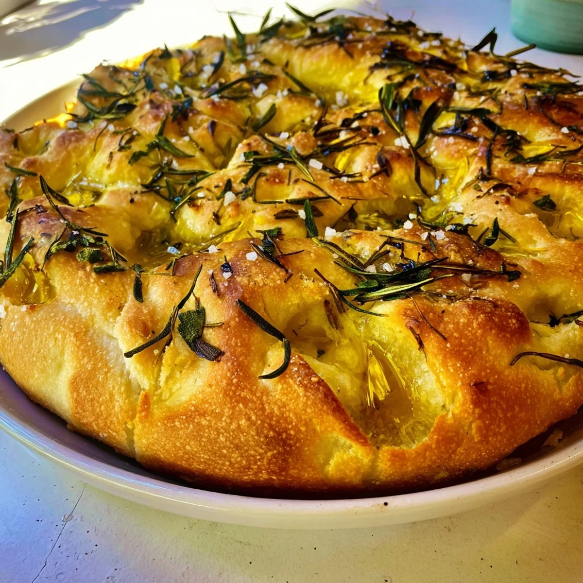 Freshly baked focaccia, a golden Italian flatbread with pools of olive oil and herb toppings.