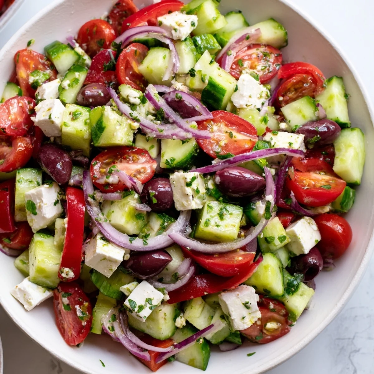 A colorful Fresh Mediterranean Salad with chickpeas, olives, and herbs, ready to serve and enjoy.