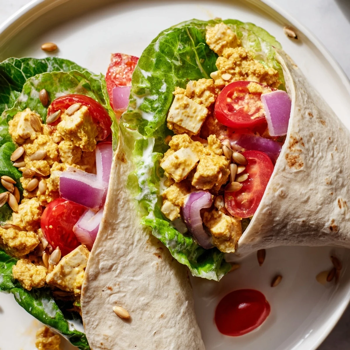 High-Protein Chicken-less Caesar Wrap ready to eat, bursting with fresh veggies and a creamy dressing.