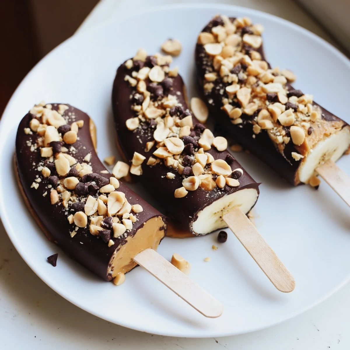 A close-up of delicious Frozen Banana Chocolate Pops served straight from the freezer on a warm day.