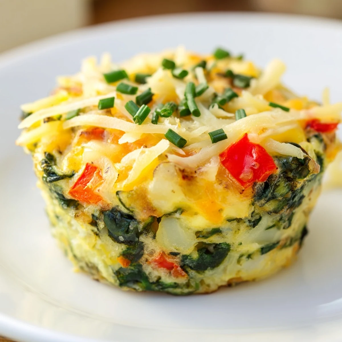 A close-up of baked Mini Crustless Quiches, showing fluffy egg filling dotted with spinach and cheese.