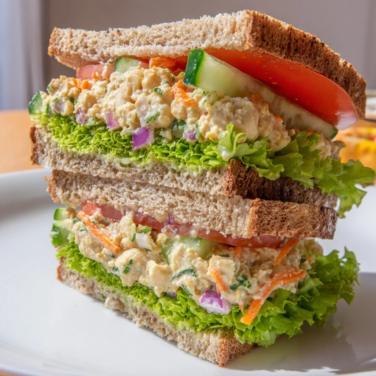 Close-up of a fresh Easy Chickpea Salad Sandwich, creamy filling overflowing from whole-wheat bread.