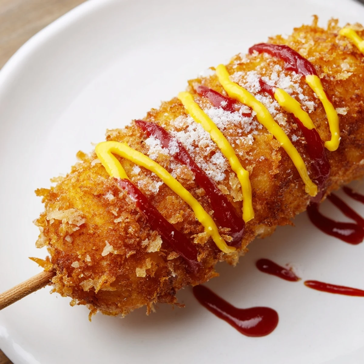These homemade Korean-inspired corn dogs are presented with ketchup and mustard, ready to be devoured.