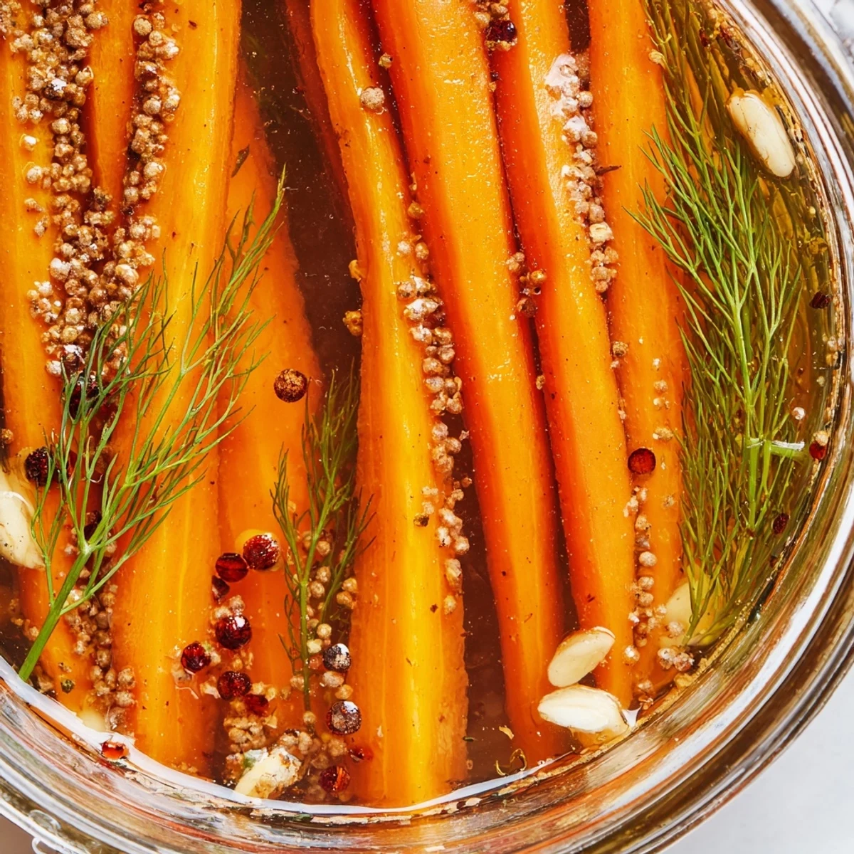 Quick pickled carrot spears, vibrantly orange, swimming in a clear, tangy brine in a jar.
