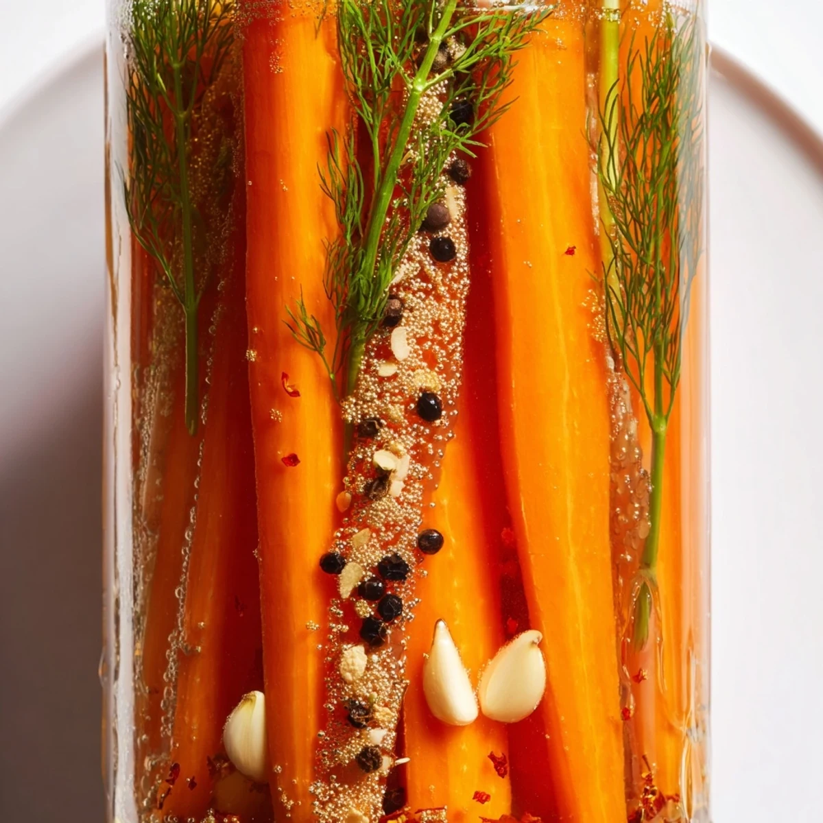 Close-up of freshly made quick pickled carrot spears with garlic and spices, ready to eat.