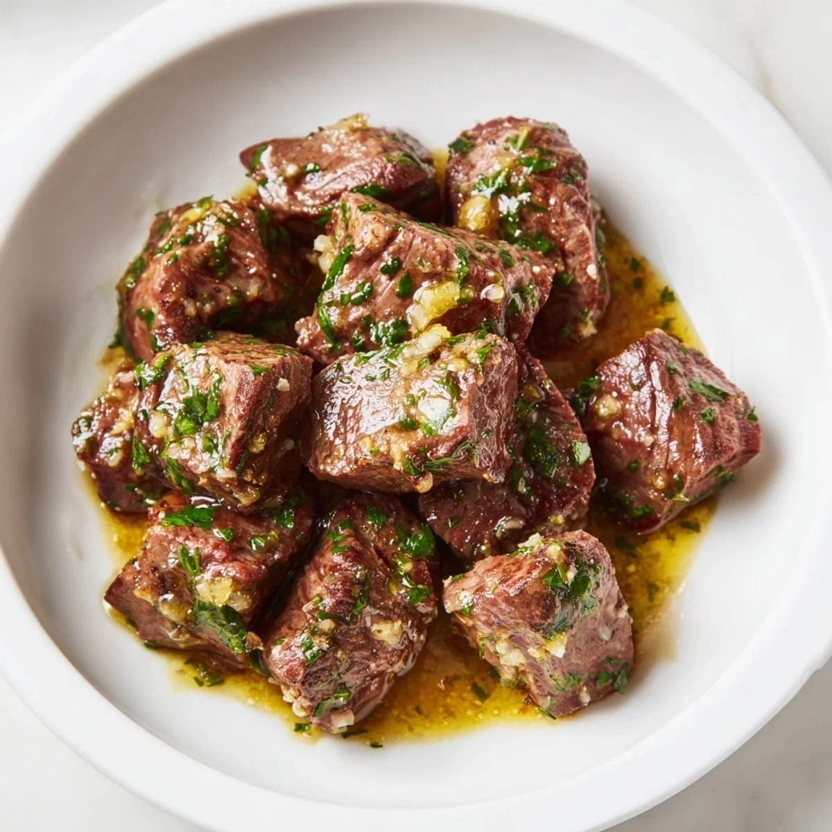Crispy air-fryer garlic-butter steak bites, glistening with savory sauce, perfect for a quick dinner.