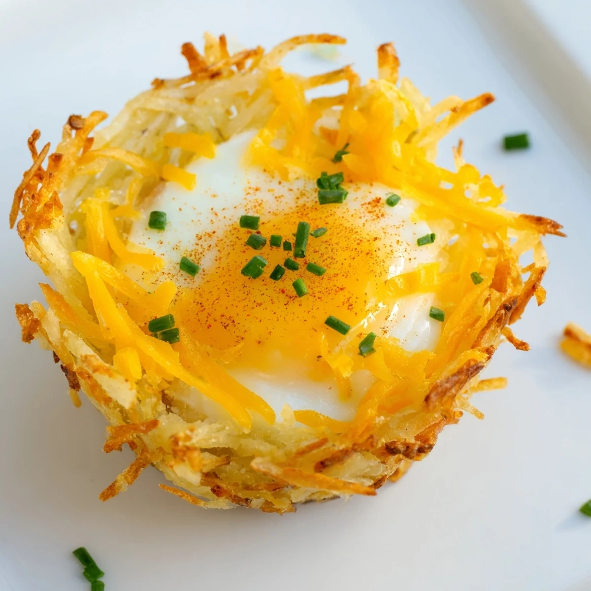 Golden, baked Crispy Hashbrown Egg Nests with perfectly set eggs and melted cheese, ready to serve!