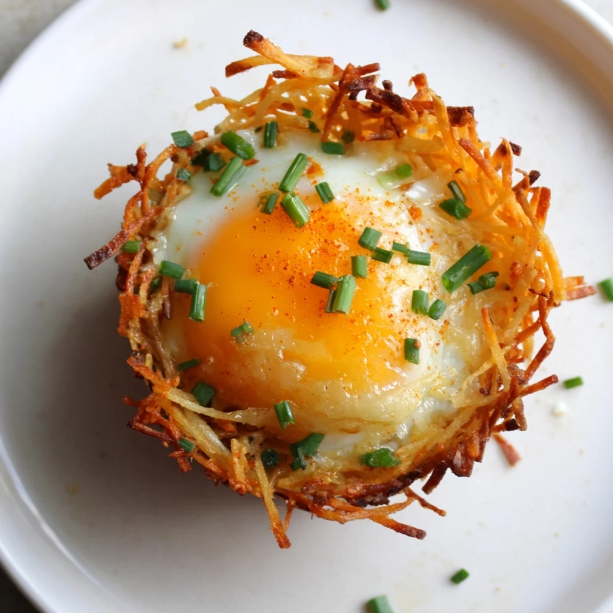 A close-up of delicious Crispy Hashbrown Egg Nests showing the golden potato crust and runny yolks.