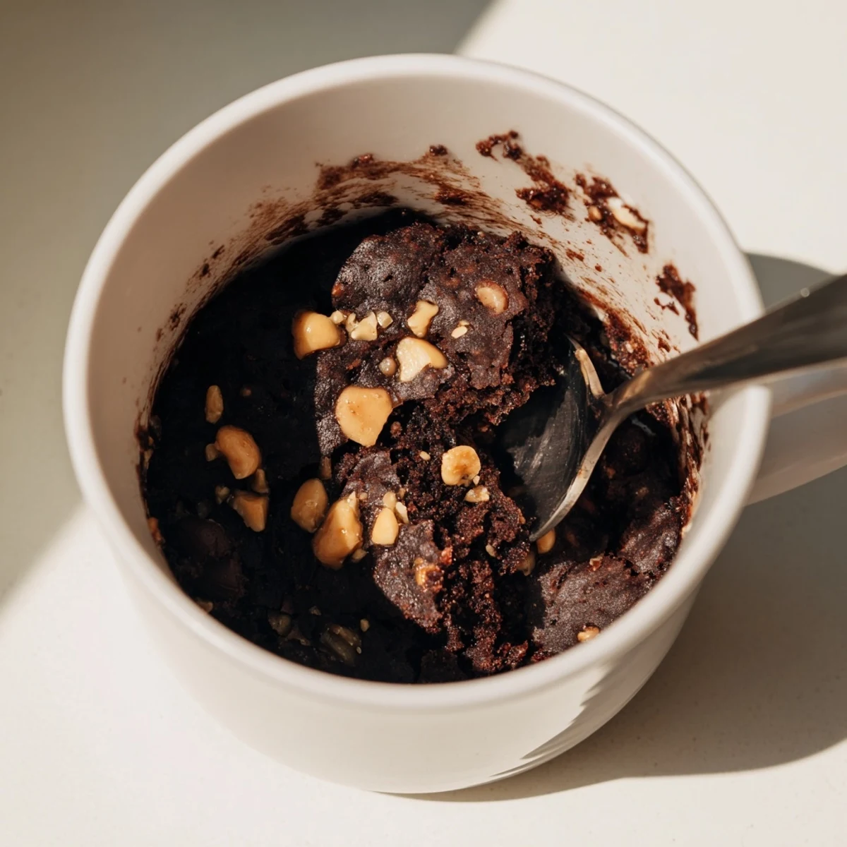 Fudgy 2-Minute Mug Brownie in a mug, topped with chips for a quick chocolate treat.
