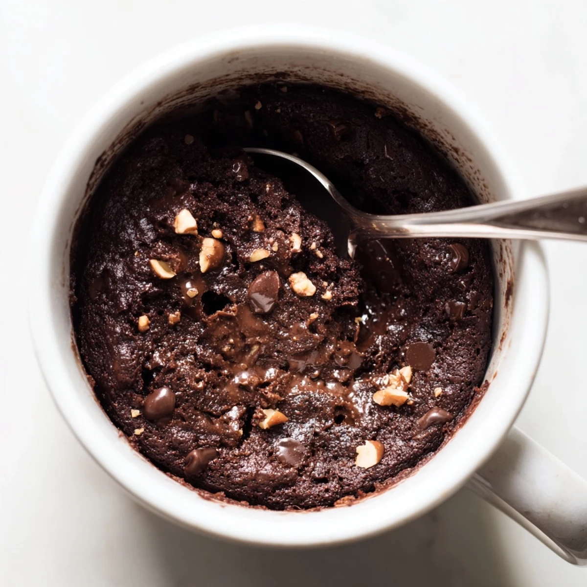 Steaming hot Mug Brownie, swirled with optional chocolate chips, ready in just minutes.