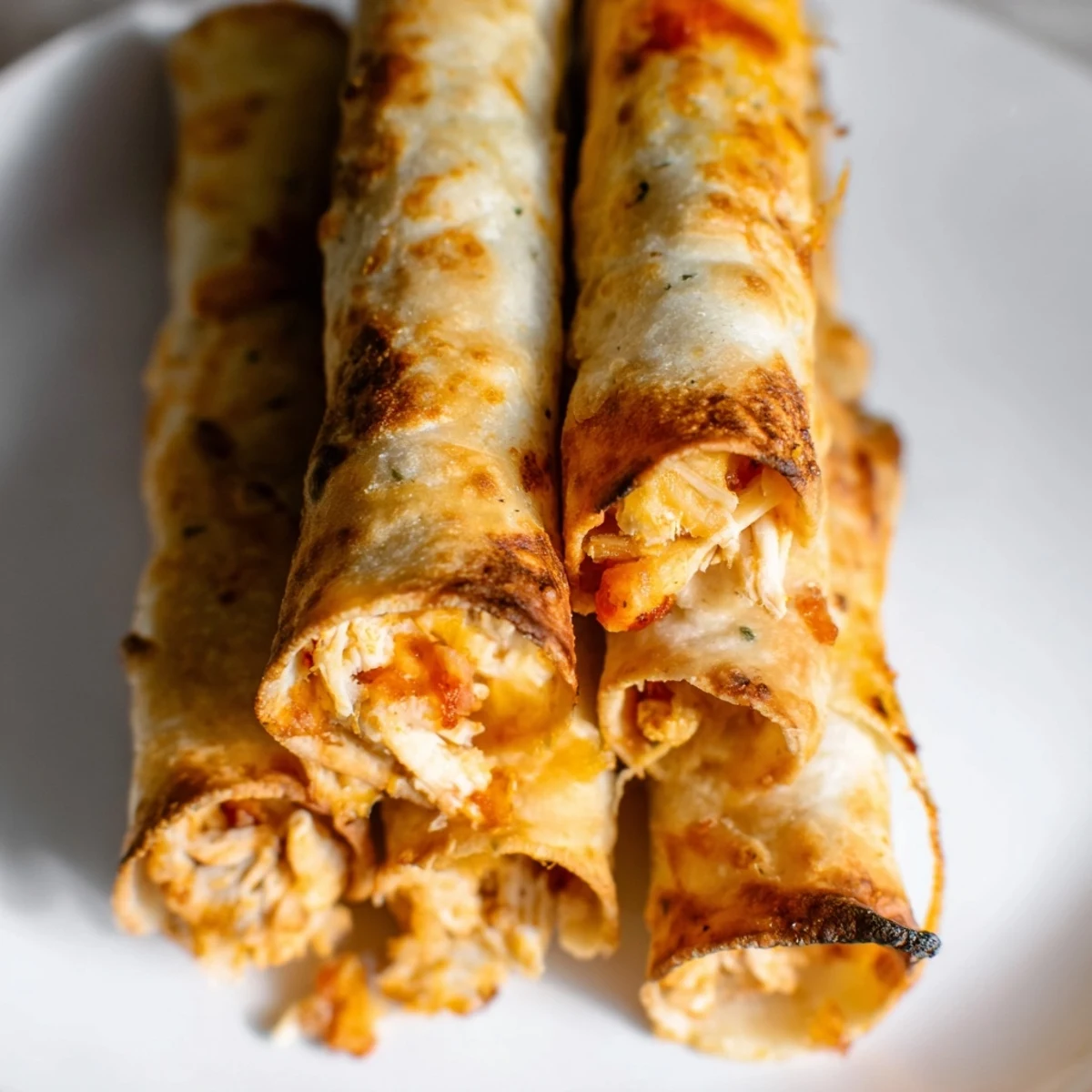 Golden, crispy air fryer taquitos, filled with seasoned chicken and cheese, served with fresh toppings.