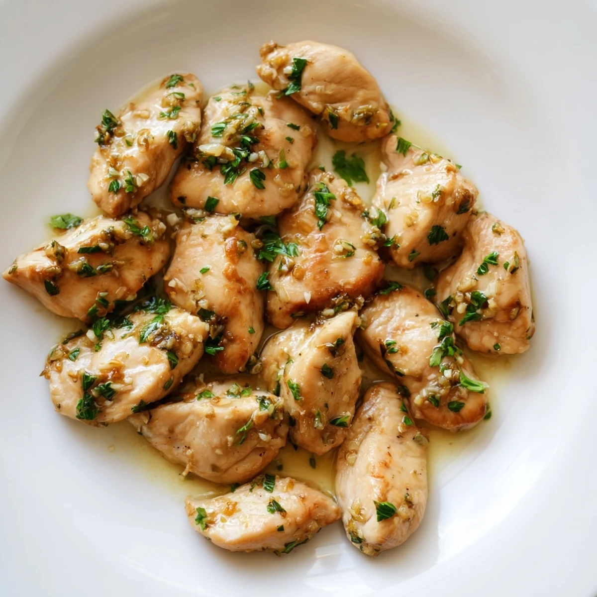 Golden-brown garlic butter chicken bites, sizzling in a pan, ready to be tossed in the sauce.