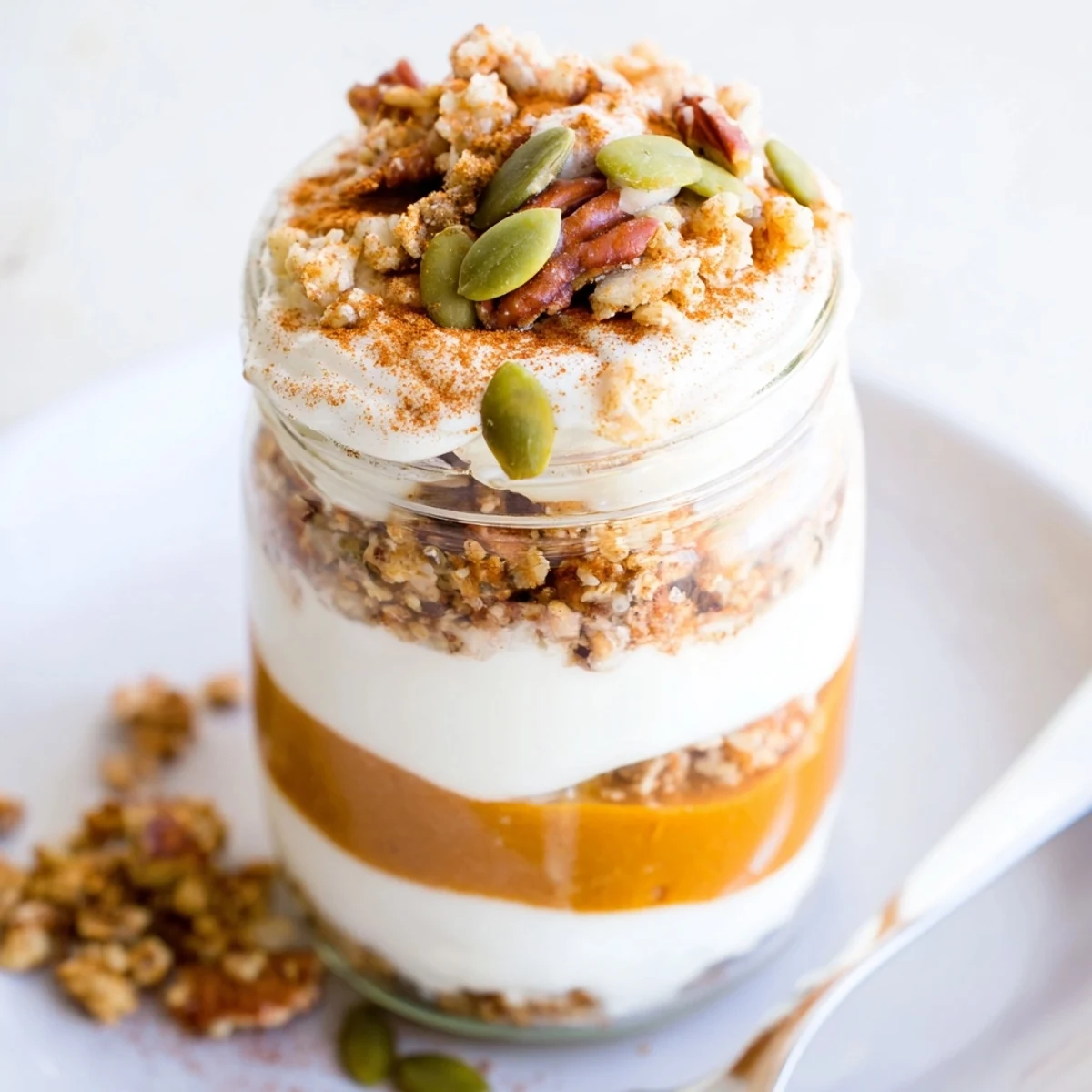 A layered Pumpkin Yogurt Parfait, showing swirls of pumpkin and creamy yogurt topped with granola.