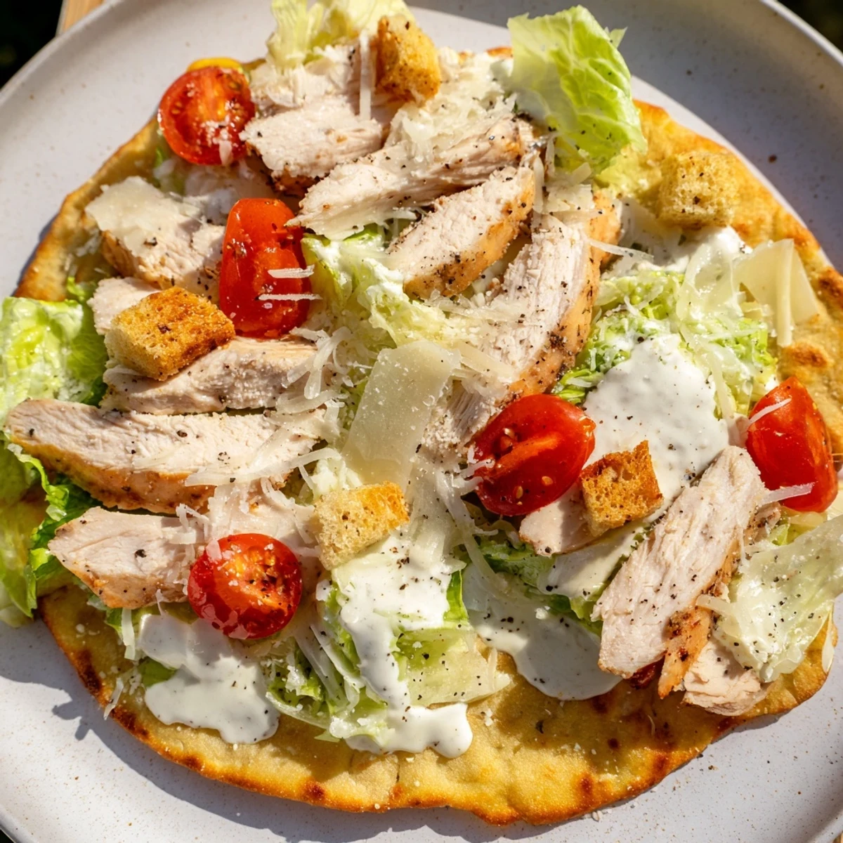 Golden-crusted Chicken Caesar Flatbread topped with grilled chicken, fresh romaine, and creamy Caesar dressing.