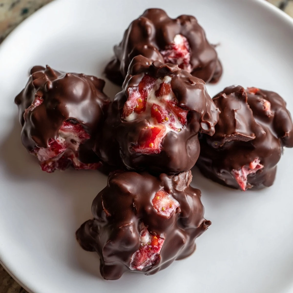 Frozen Strawberry Yogurt Clusters glistening with chocolate, a perfect summer snack, ready to eat.