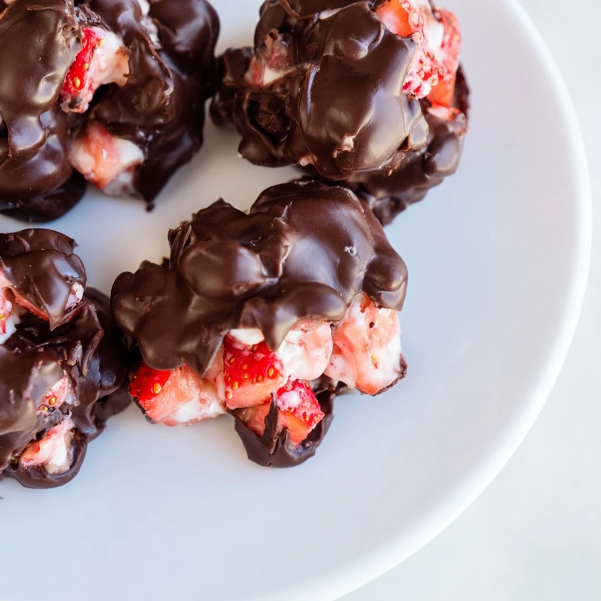 Close up of delicious Strawberry Yogurt Clusters, a healthy dessert featuring fresh strawberries and Greek yogurt.
