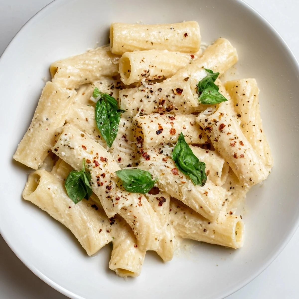 Creamy cottage cheese pasta, a comforting bowl of creamy pasta with fresh basil and Parmesan.