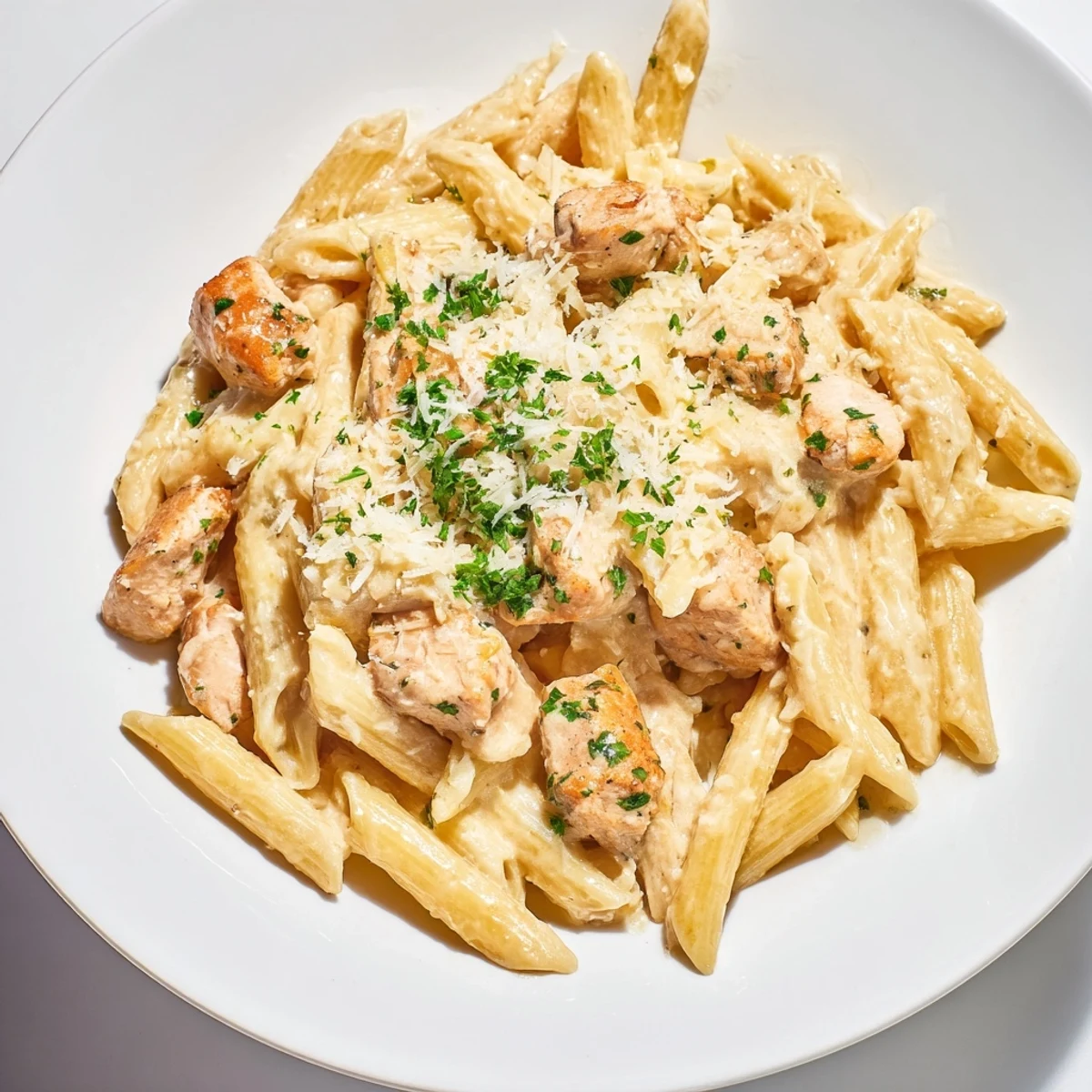 Tender Quick Garlic Parmesan Chicken Pasta with creamy sauce, ready to serve and enjoy at dinner.