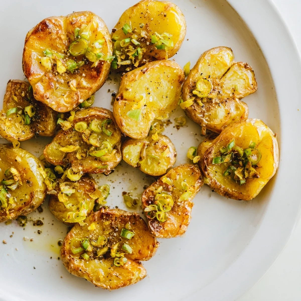 Tender Yukon Gold potatoes smashed and roasted into flavorful green onion potato bombs, ready to enjoy.