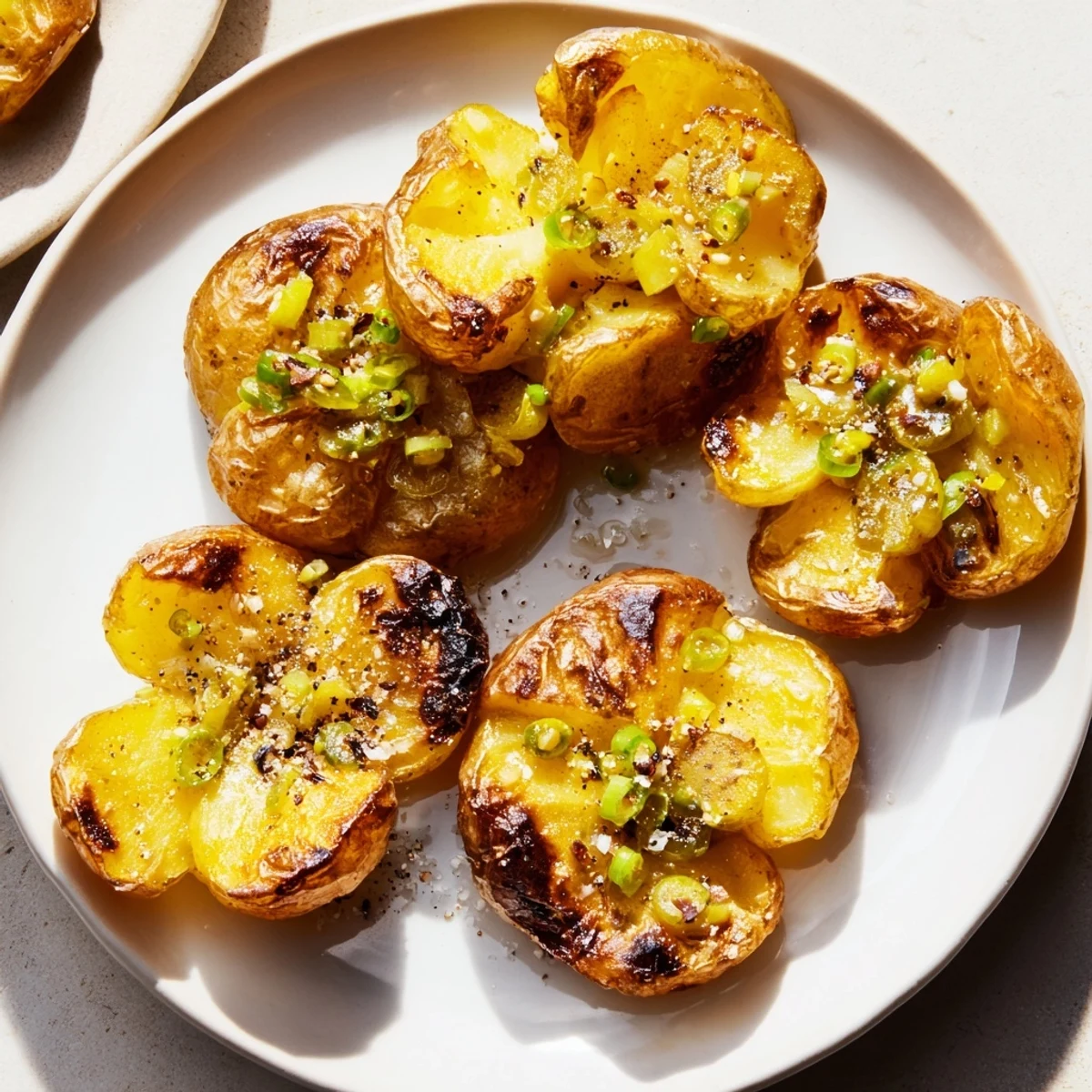 Golden and crispy smashed green onion potato bombs, a flavorful vegetarian side dish with scallion oil.