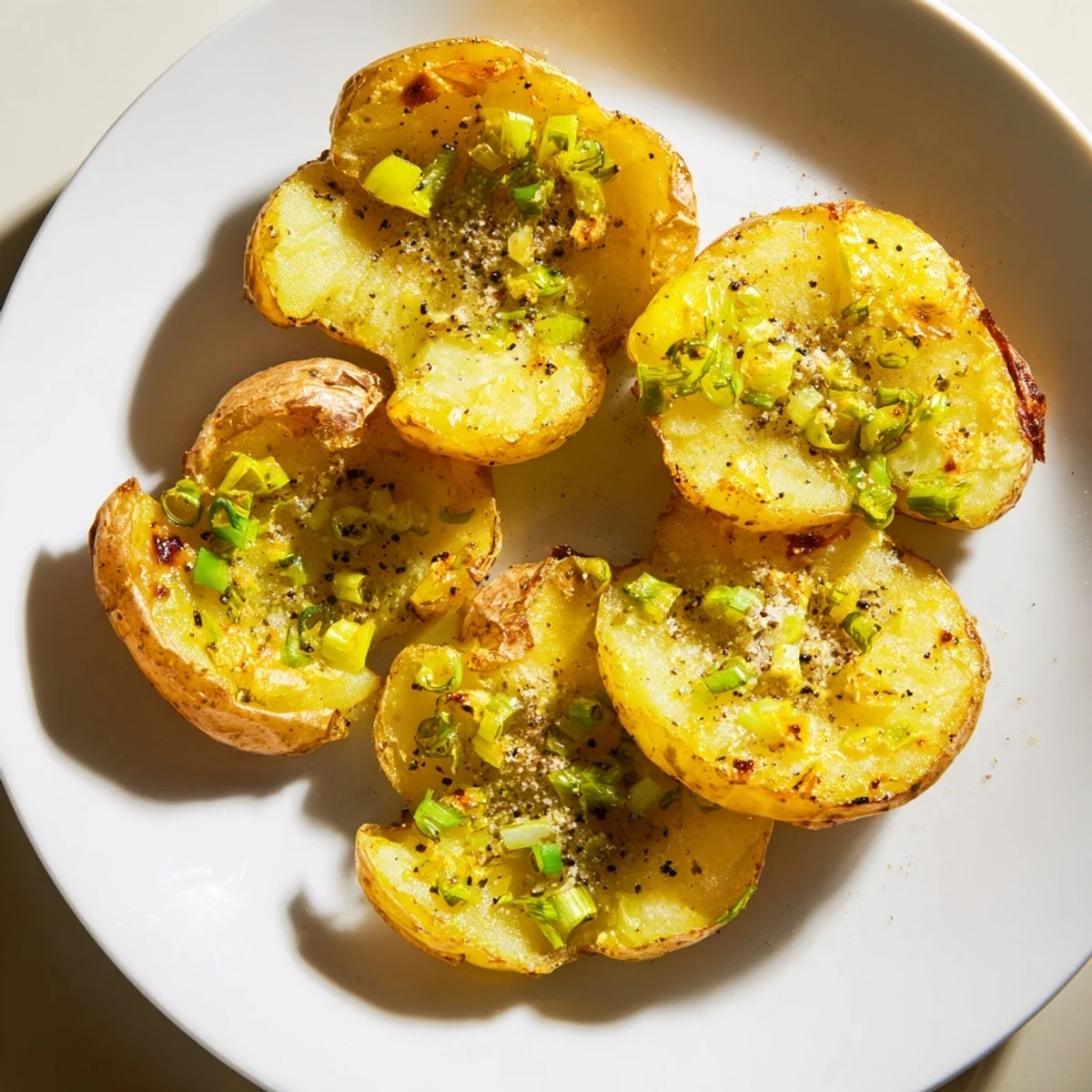 Oven-baked smashed green onion potato bombs, boasting a delightful crunch alongside fresh, vibrant scallions.