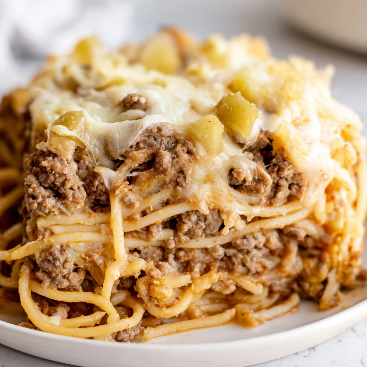 Golden, bubbly baked Million Dollar Spaghetti, with layers of rich meat sauce and melted cheese for a hearty meal.