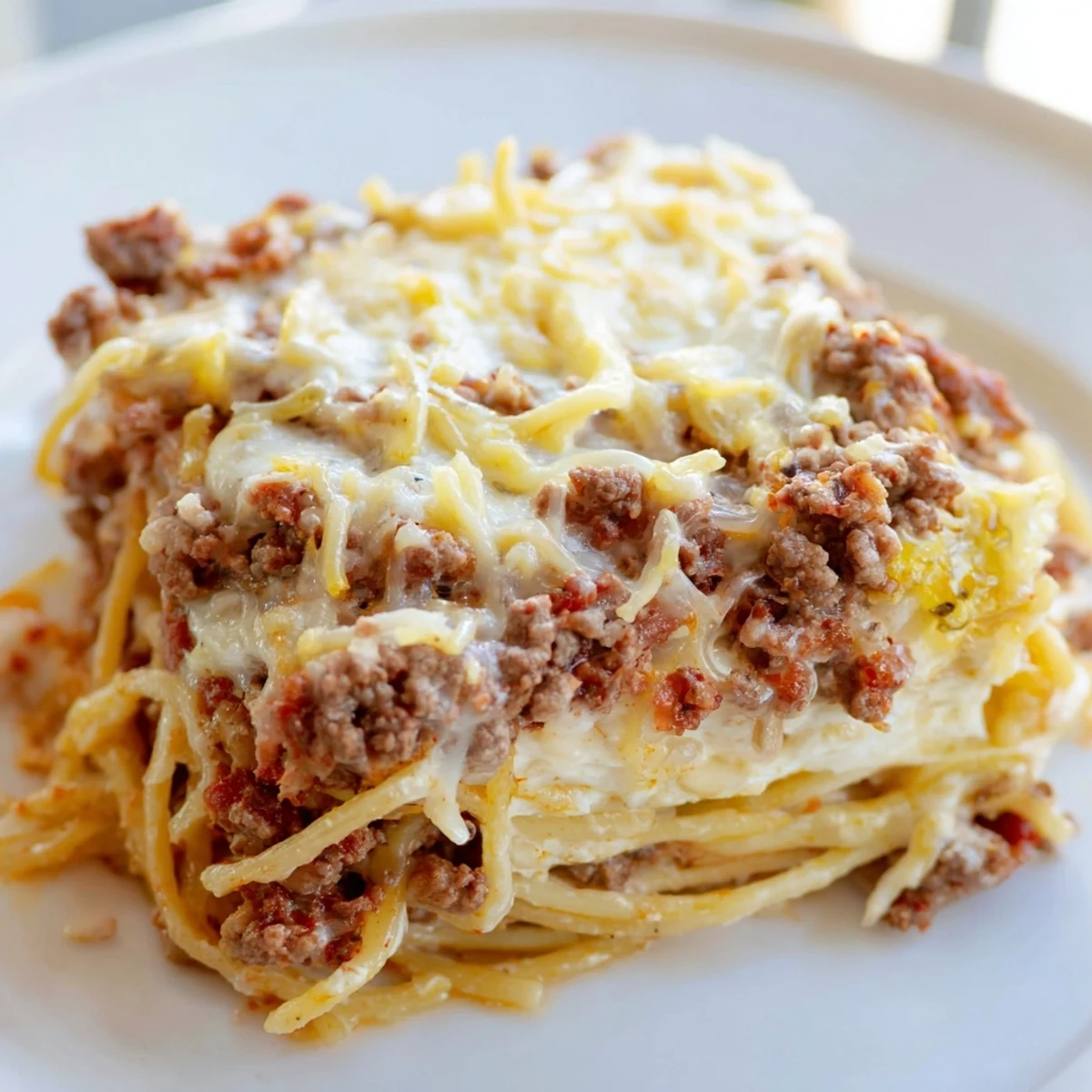 A generous serving of creamy, cheesy Million Dollar Spaghetti, perfect for a satisfying and flavorful family dinner.