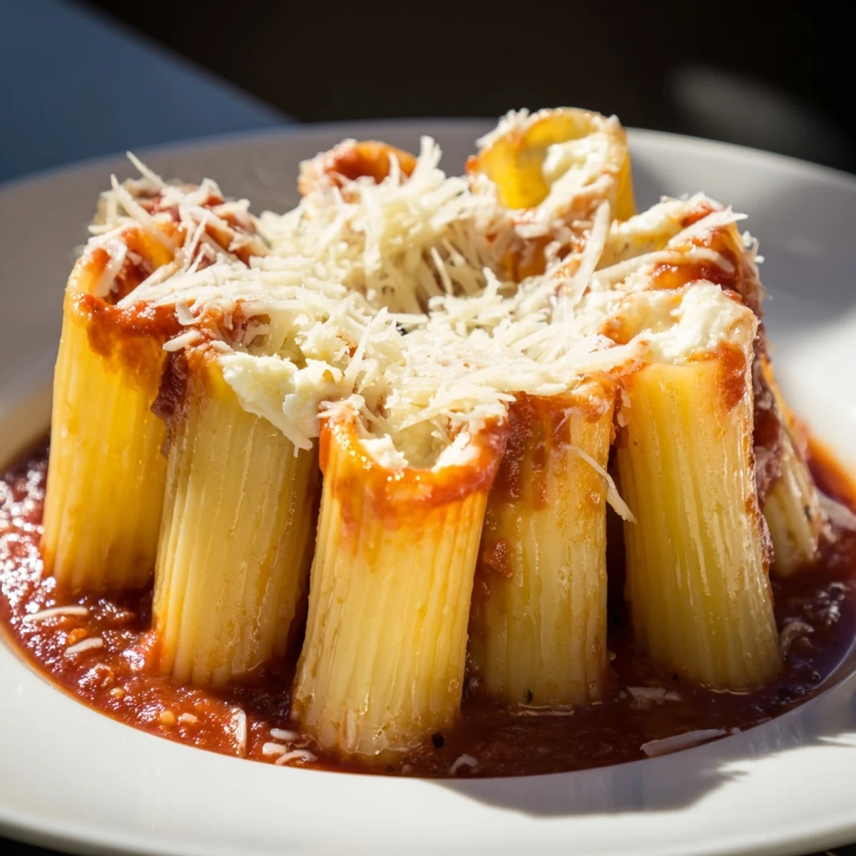 Upright rigatoni tubes in a Honeycomb Pasta Bake, baked under a rich, bubbling marinara and mozzarella blanket.